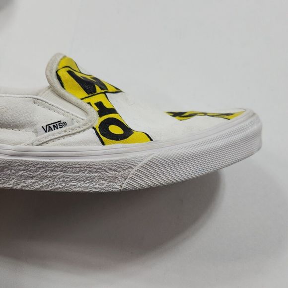 Vans Classic Slip On Sneaker Shoe Caution Tape Left Traffic Women 8 White Custom - Picture 7 of 16